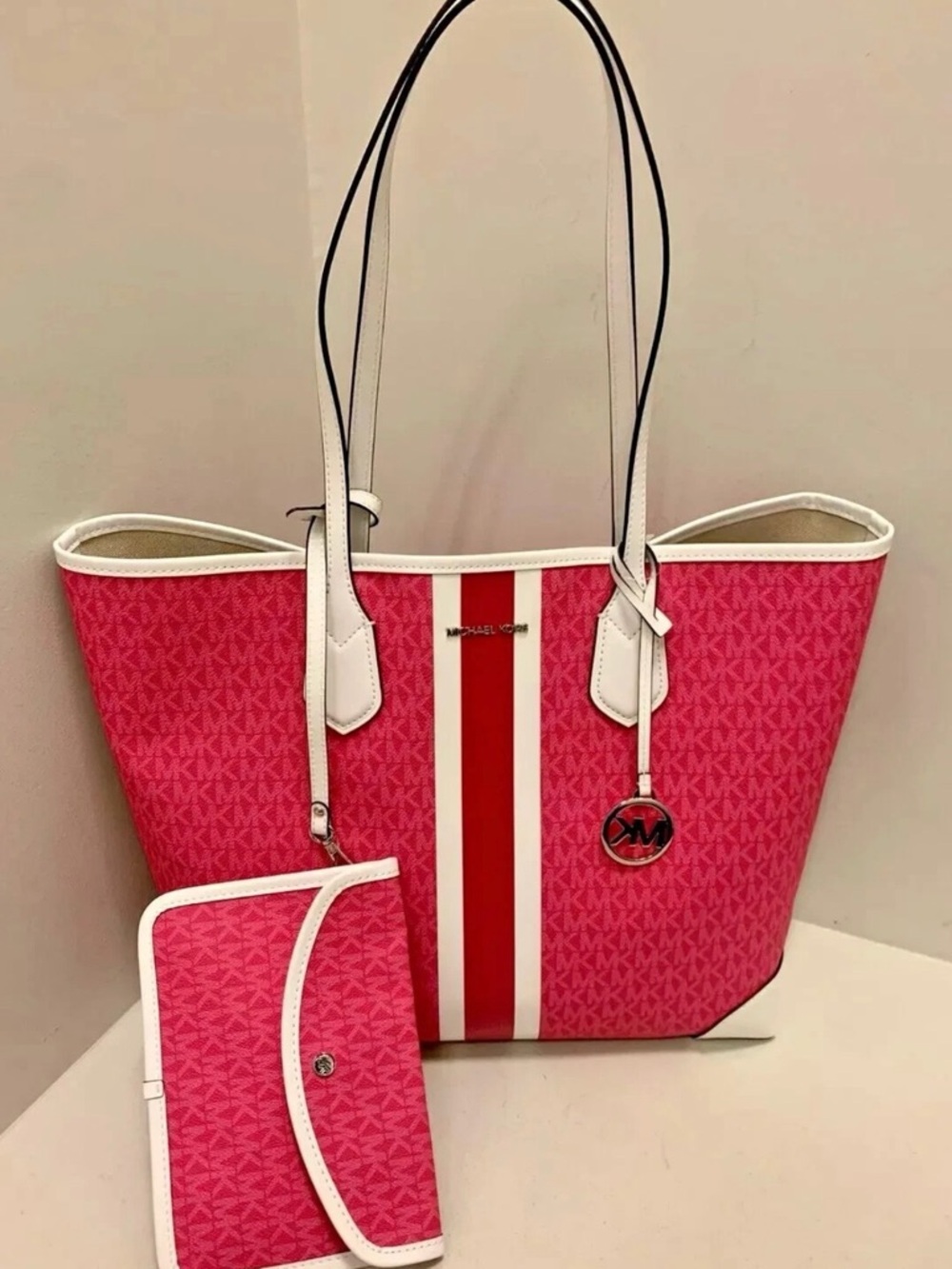 MICHAEL KORS EVA LARGE TOTE W POUCH MK DRAGONFRUIT PINK LOGO STRIPE